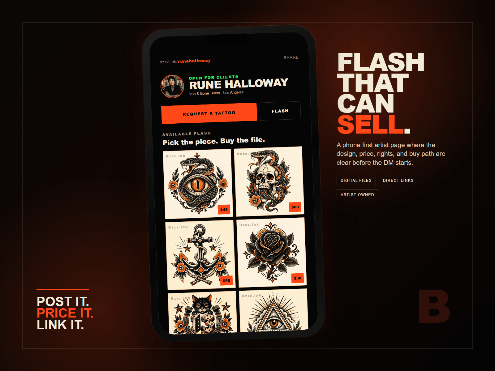 Polished Bzzz.ink mobile artist page demo showing bookable and buyable flash