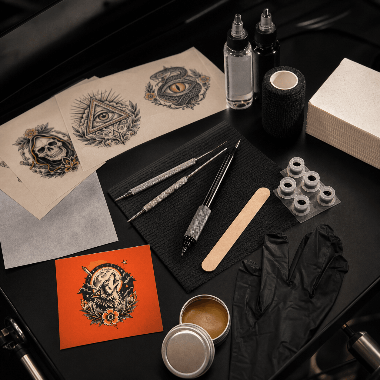 Tattoo tools and flash on a studio workstation